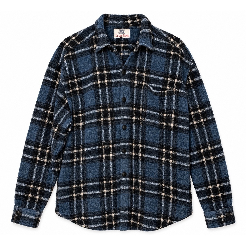 True Grit Fleece Shirt Mens Large Blue Plaid Pullover Shacket